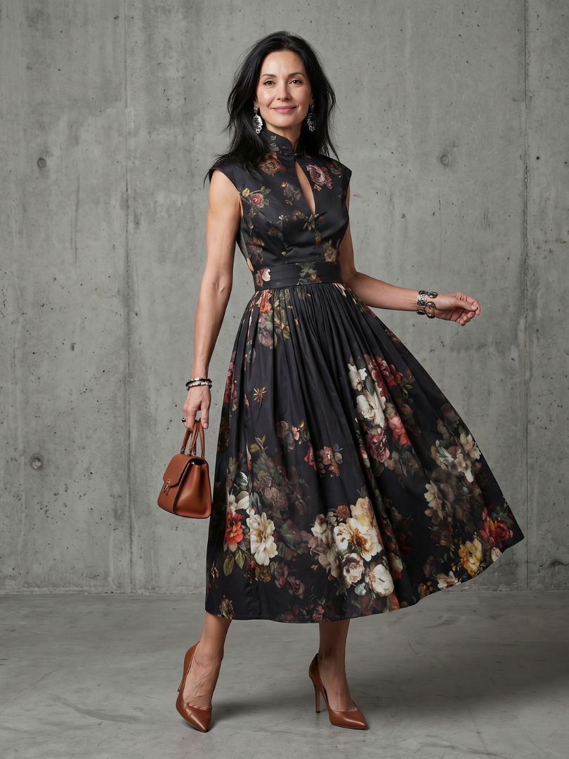 Greta | Vestido Midi Plisado de Flores con Cuello Alto