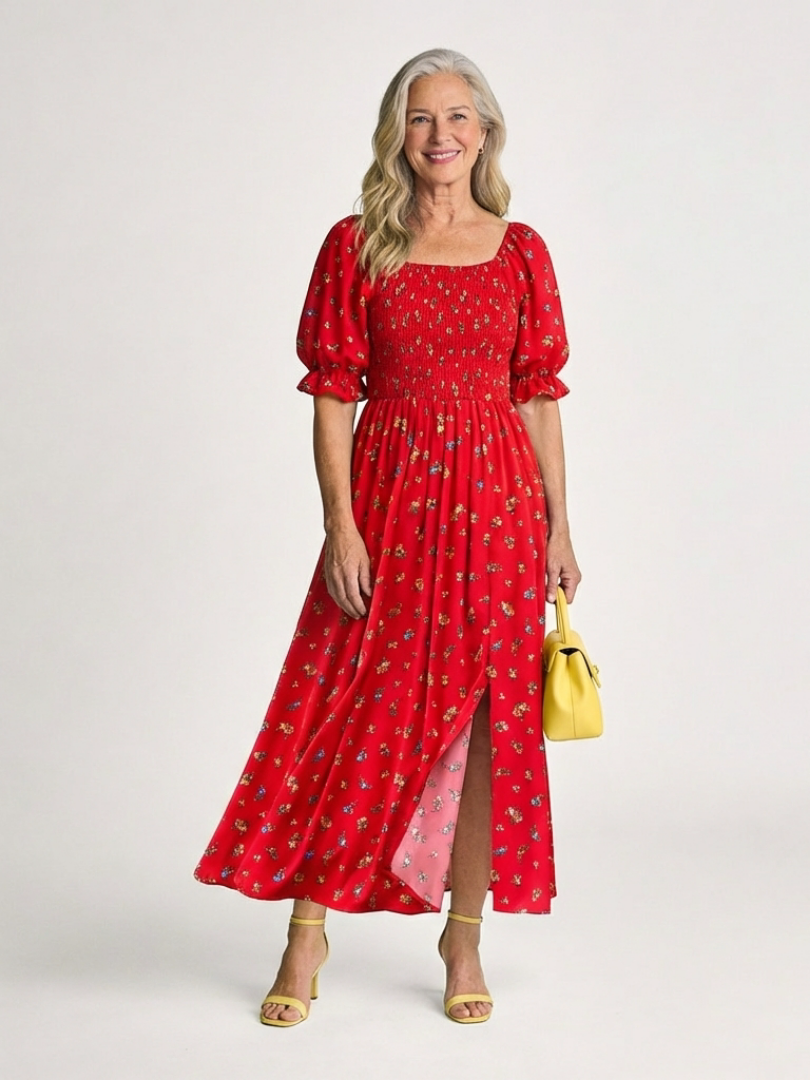 Delphine | Vestido Midi de Manga Abullonada con Cuello Cuadrado y Floral
