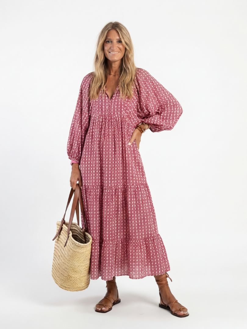 Arlette | Vestido Midi de Manga Larga con Estampado Geométrico