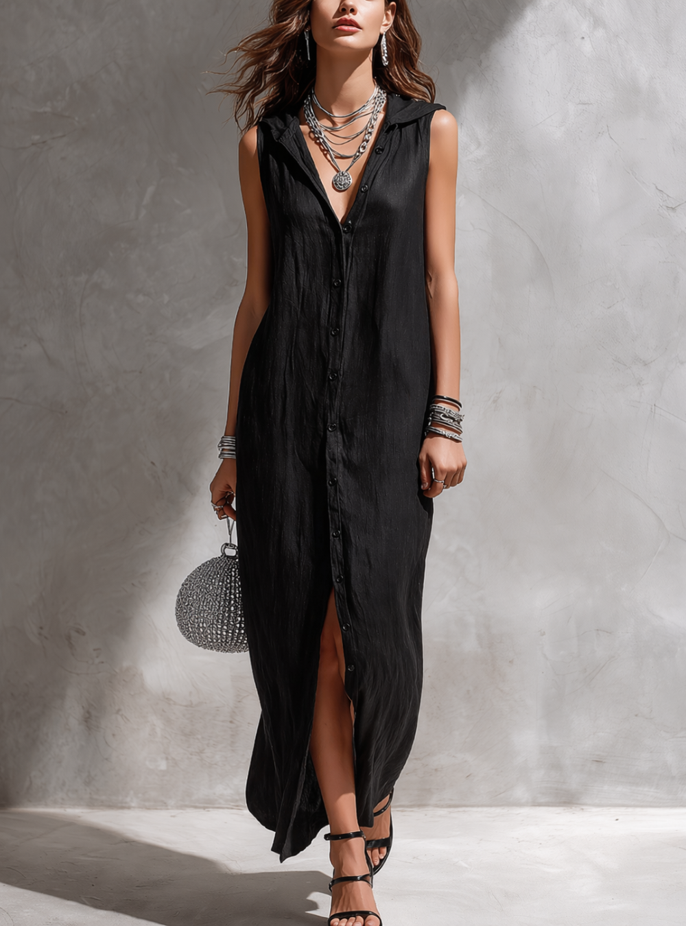 Vestido Minimalista Sin Mangas con Botones y Abertura