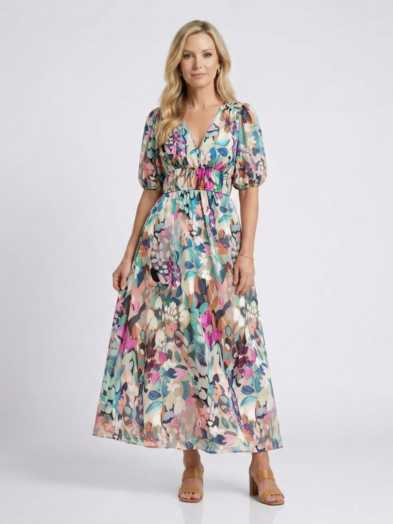 Eulalie | Vestido midi de manga corta y escote en V con cintura fruncida