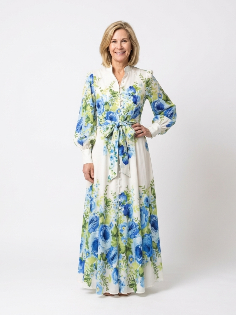 Harper | Vestido Maxi con Botones de Flores de Manga Larga
