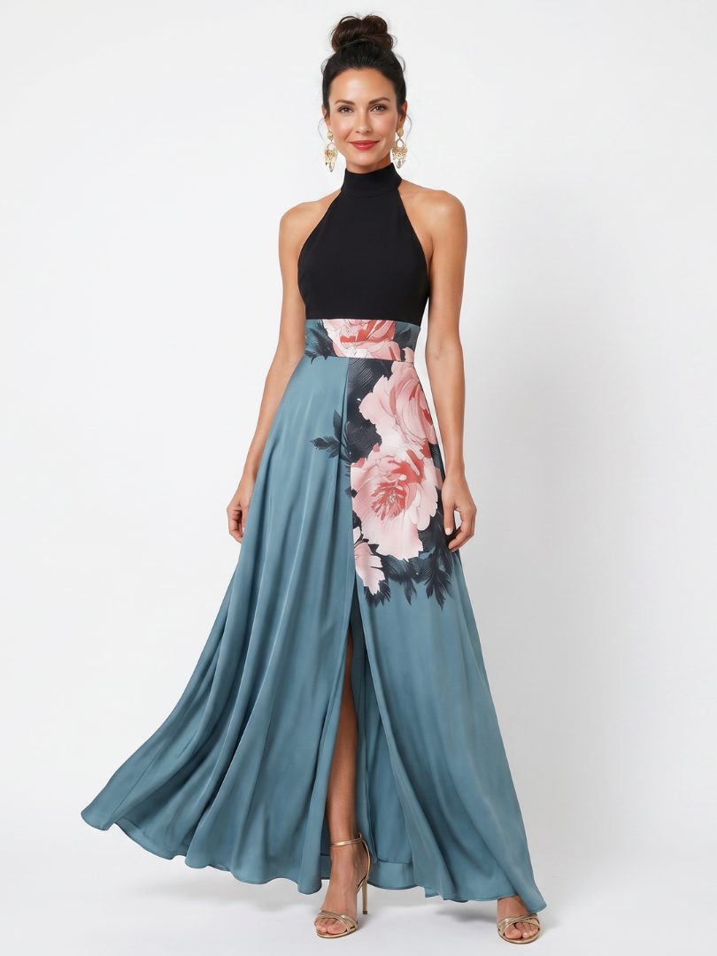 Olympas | Vestido Maxi con Cuerpo Halter y Falda de Flores