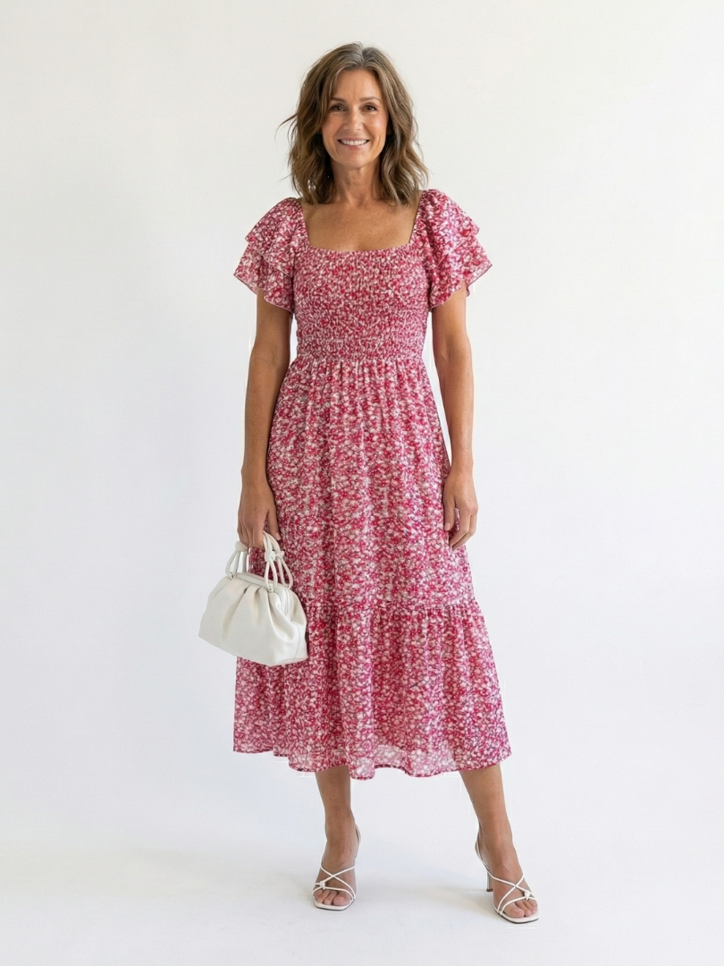 Odette | Vestido Midi Floral con Hombros al Descubierto