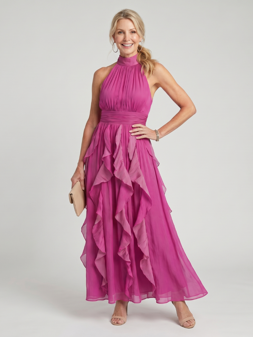 Orea | Maxi vestido con cuello alto y capas de volantes plisados