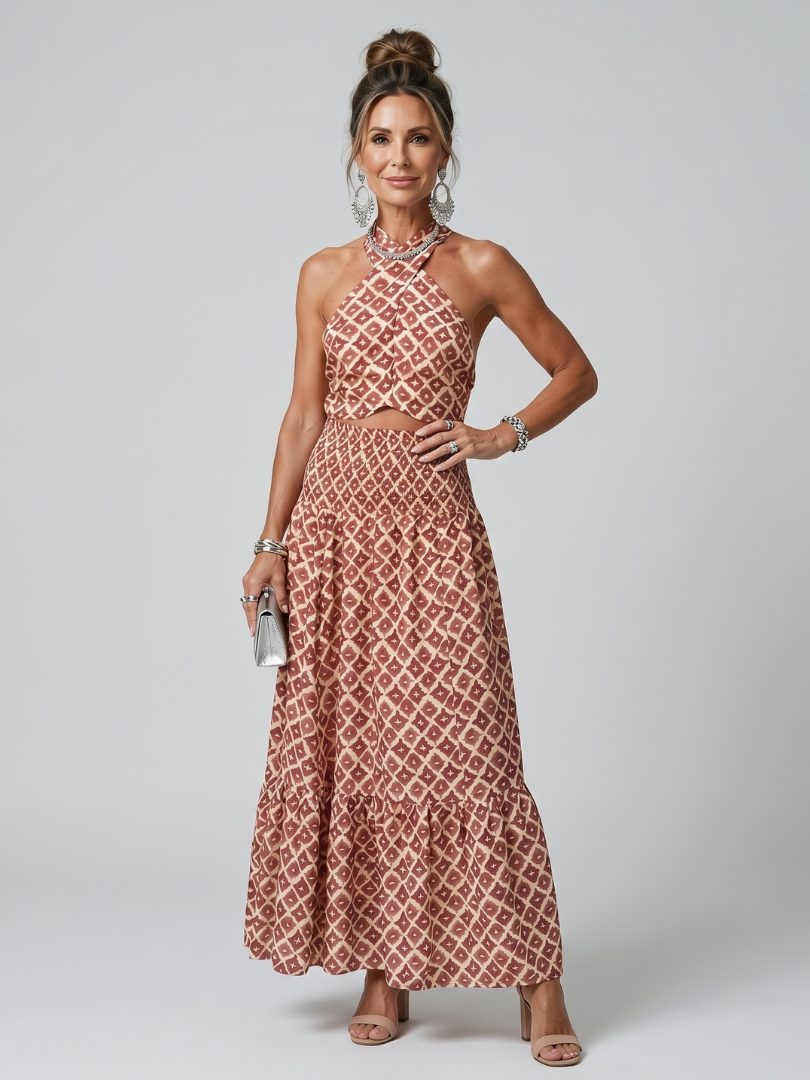 Amira | Vestido Midi Cutout con Print Geométrico y Cuello Halter Cruzado