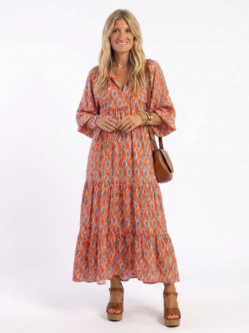 Amara | Vestido Midi de Cuello en V con Estampado Geométrico