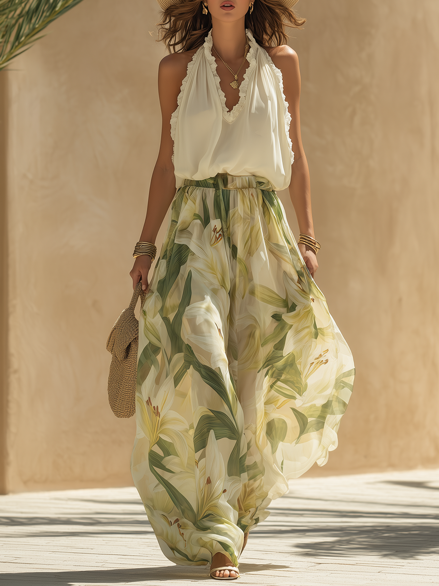 Conjunto Sin Mangas con Volantes y Pantalones con Estampado de Lirios