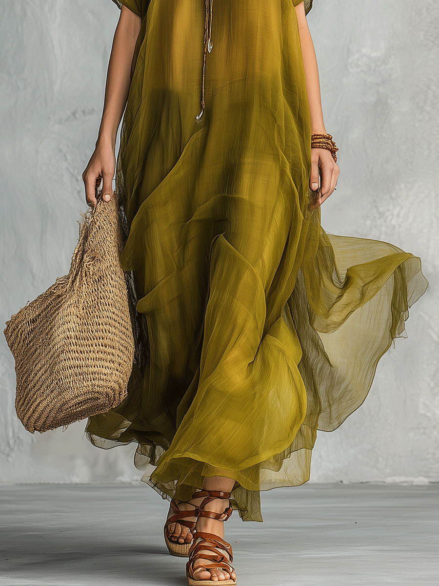 Vestido Maxi Bohemio Verde Oliva con Silueta Drapada