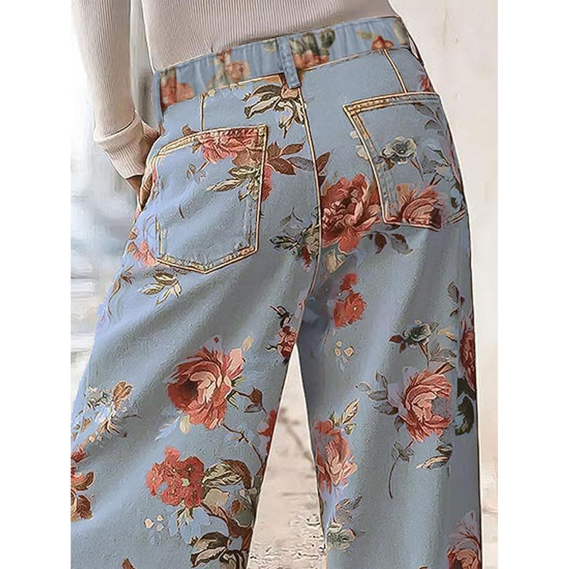 Pantalones Casual de Pierna Ancha Floral de Cintura Alta