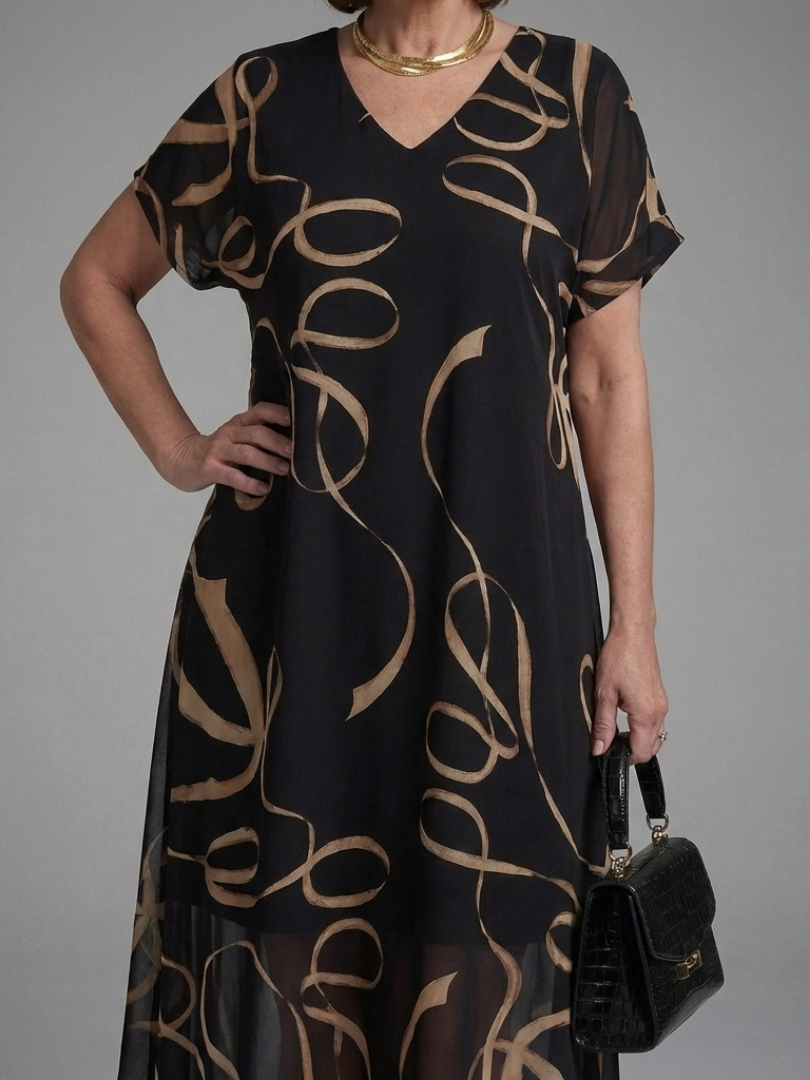 Adria | Vestido Midi Abstracto de Manga Corta