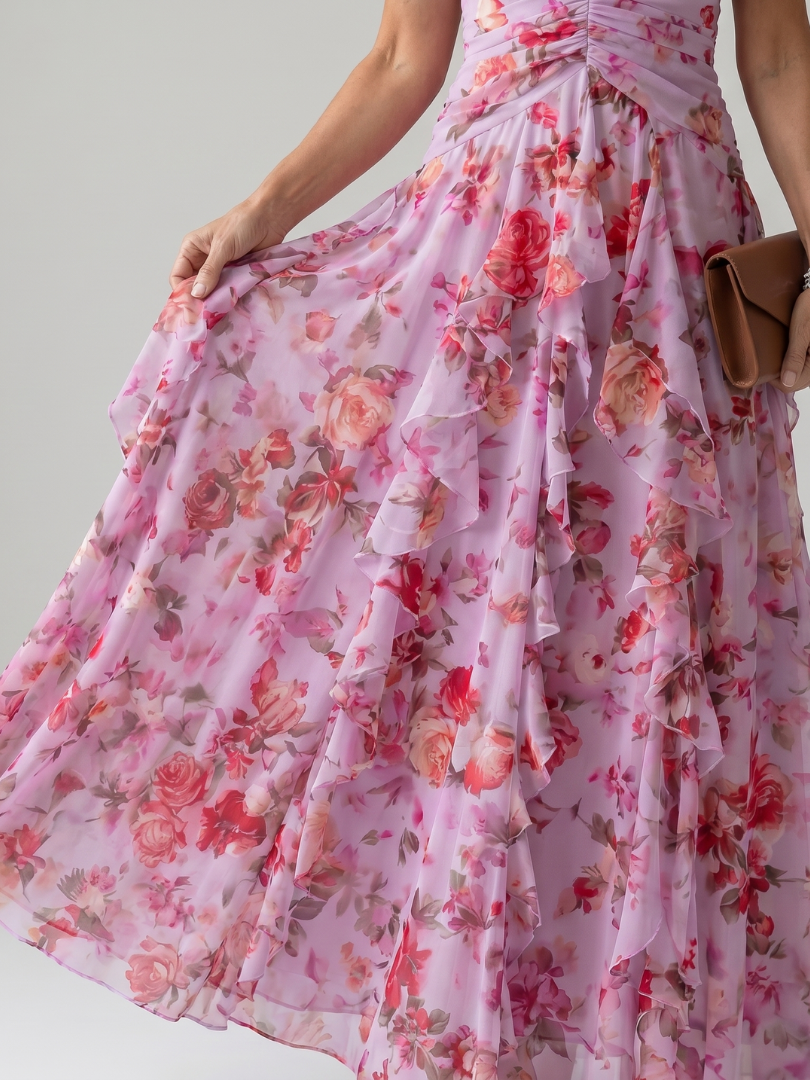 Nori | Vestido Maxi de Flores con Escote Halter y Cuerpo Fruncido