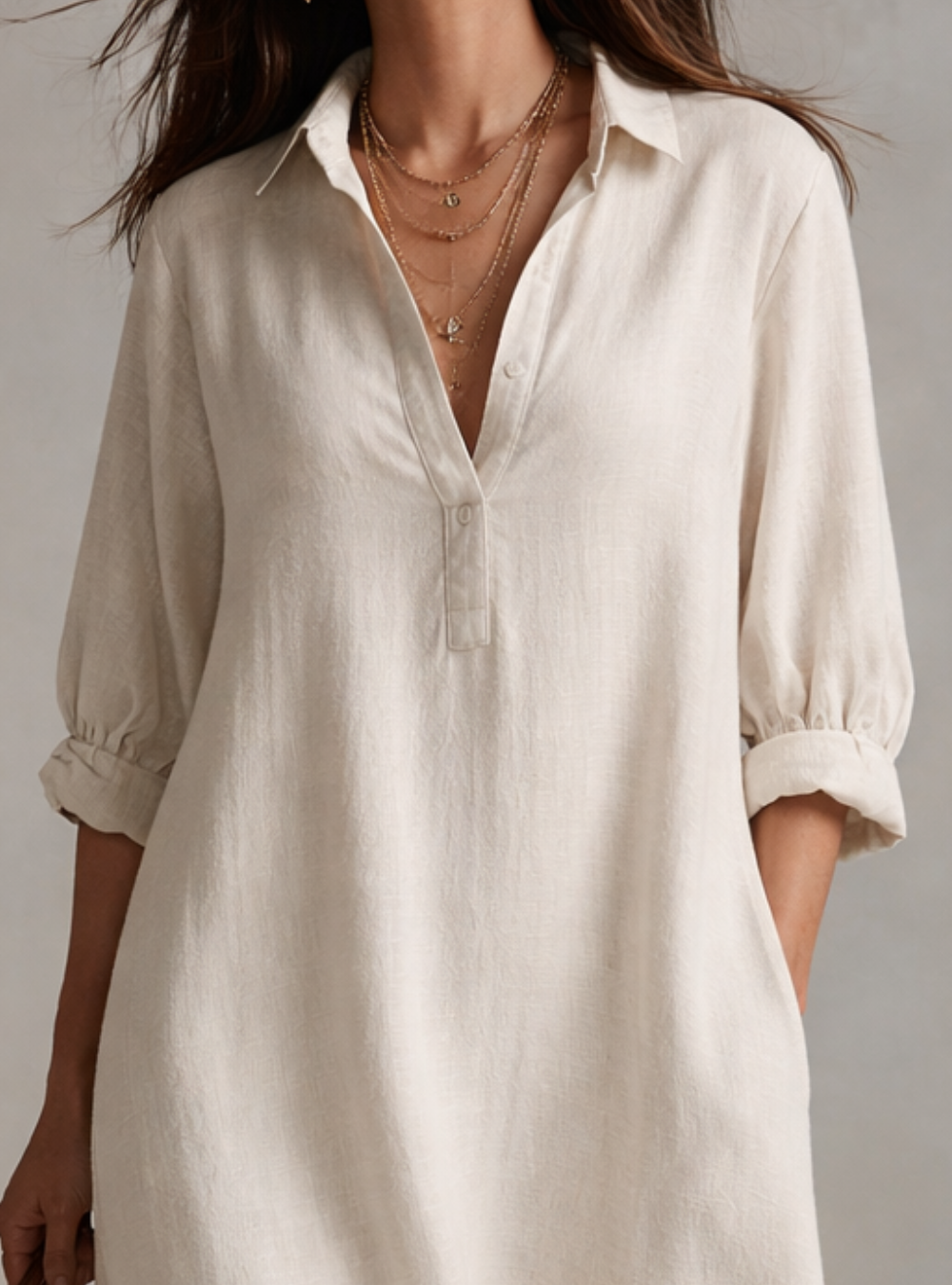 Vestido Camisa Maxi Ligero Vintage en Crema Natural