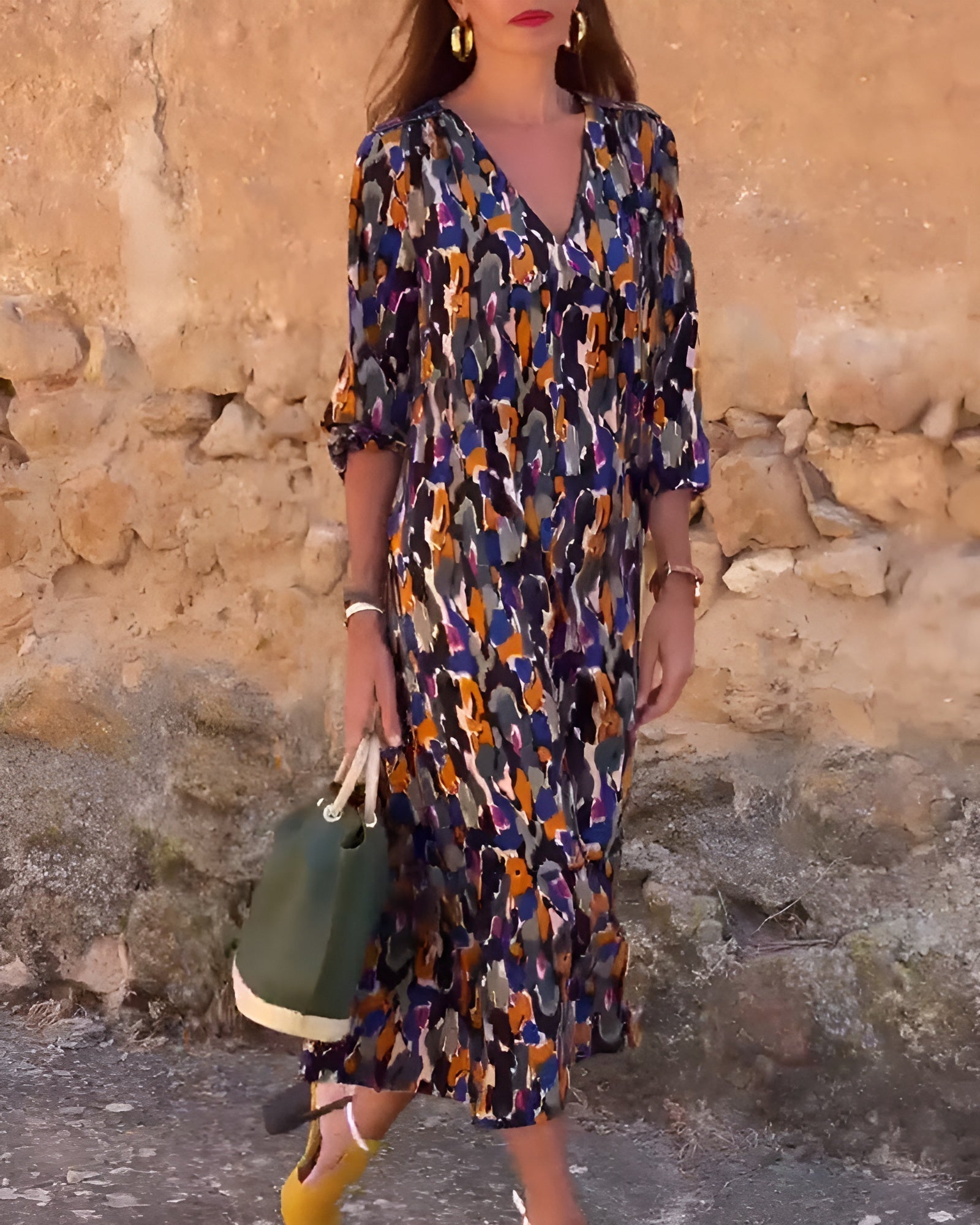 Nathalie | Vestido de V-Cuello con Estampado Vintage