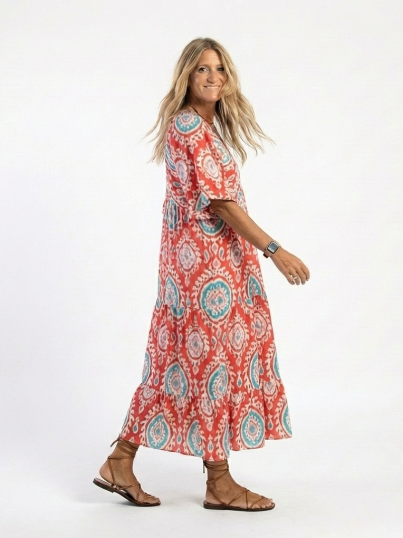 Zaria | Vestido midi de manga corta con escote en V y estampado de paisley