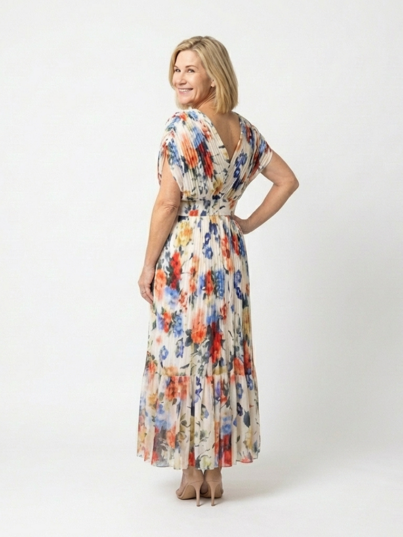 Savannah | Vestido midi floral con mangas cortas y plisados