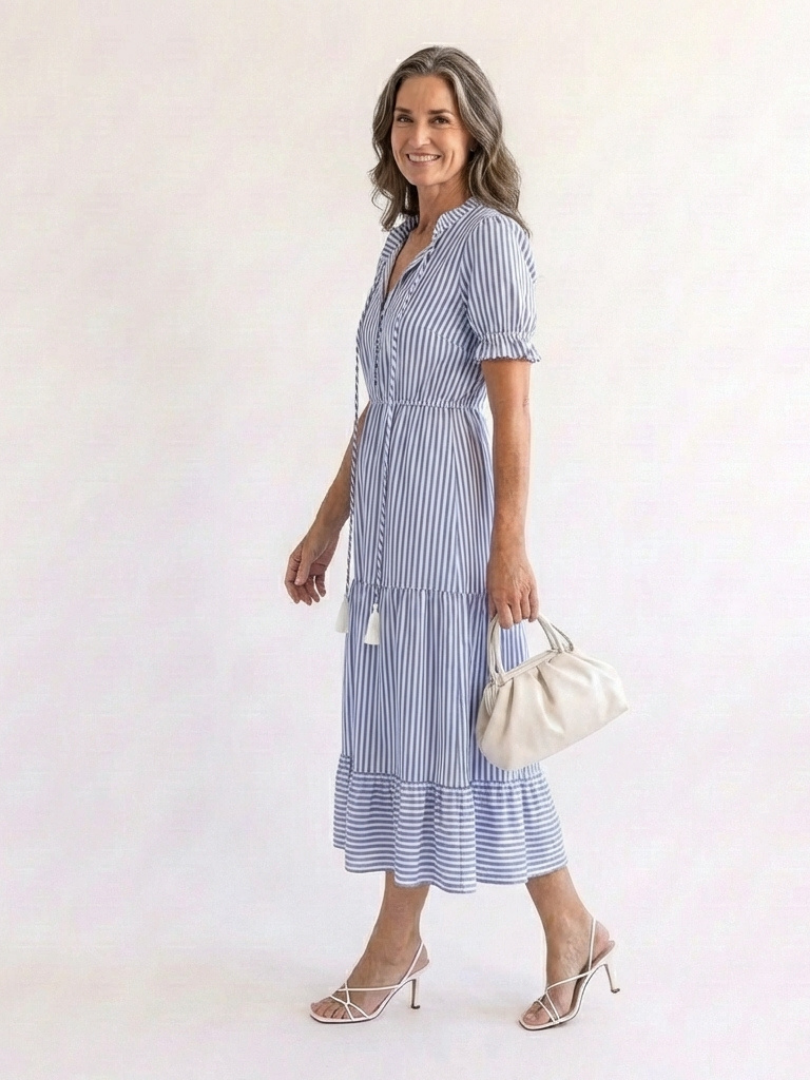 Dakota | Vestido Midi de Manga Corta a Rayas con Volantes