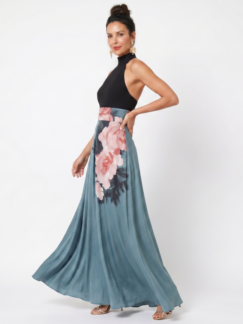 Olympas | Vestido Maxi con Cuerpo Halter y Falda de Flores