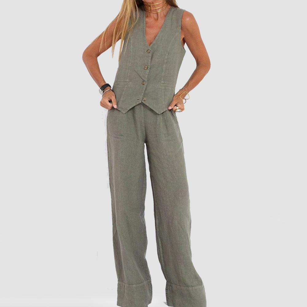 Top de verano sin mangas y pantalones rectos anchos