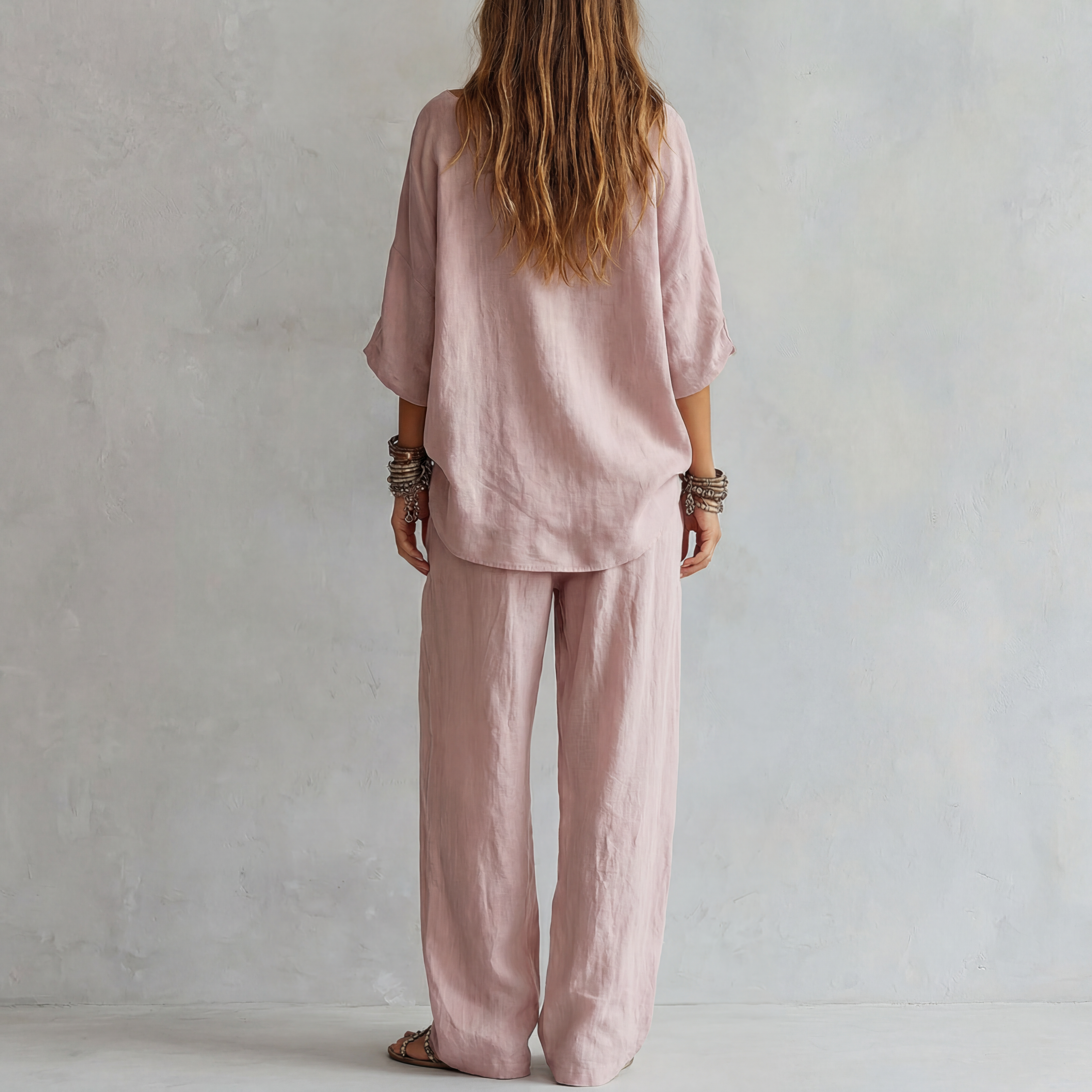 Conjunto de Pantalones Anchos Casual Rosa Claro