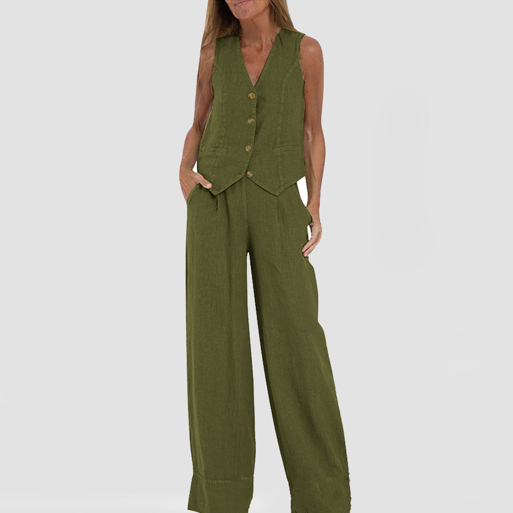 Top de verano sin mangas y pantalones rectos anchos