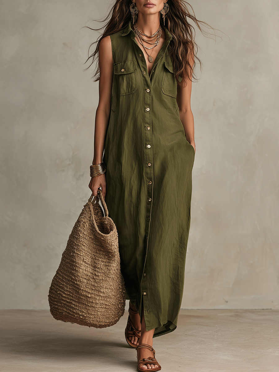 Vestido Maxi Camisón Boho Oliva Sin Esfuerzo