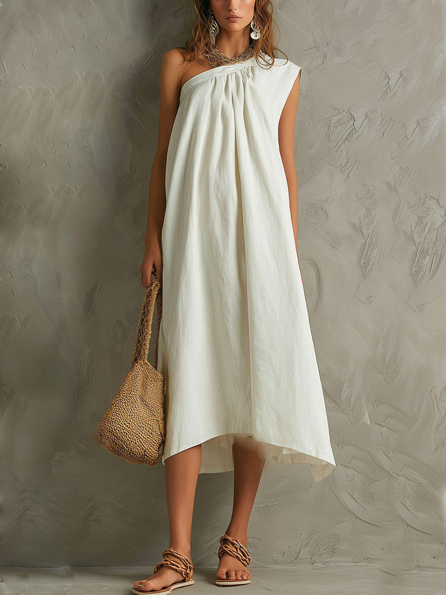 Vestido Maxi Blanco Minimalista con Un Hombro y Ambiente de Resort