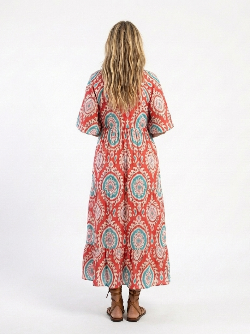 Zaria | Vestido Midi de Manga Corta con Estampado Paisley en V