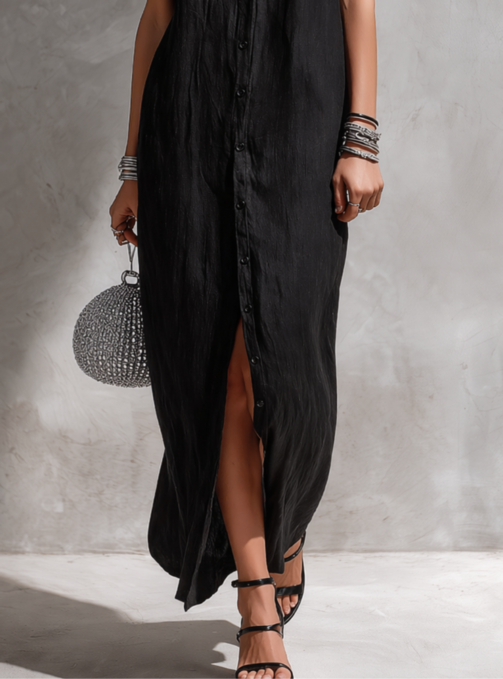 Vestido Minimalista Sin Mangas con Botones y Abertura