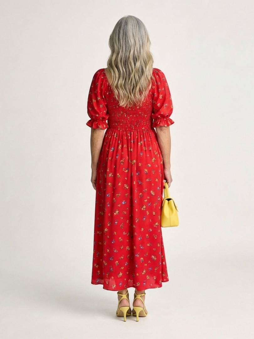 Delphine | Vestido Midi de Manga Abullonada con Cuello Cuadrado y Floral
