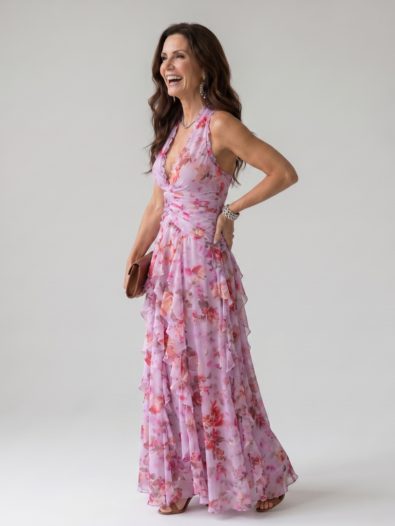 Nori | Vestido Maxi de Flores con Escote Halter y Cuerpo Fruncido