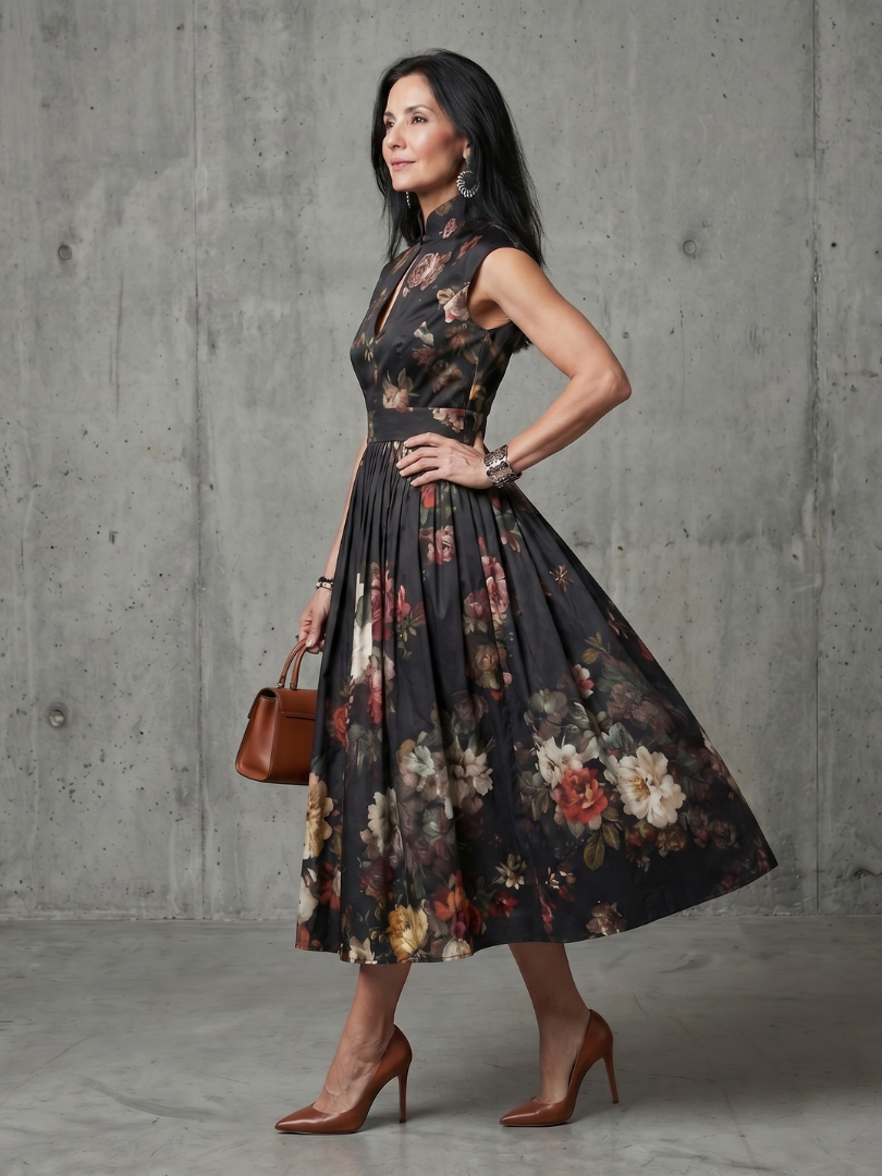 Greta | Vestido Midi Plisado de Flores con Cuello Alto