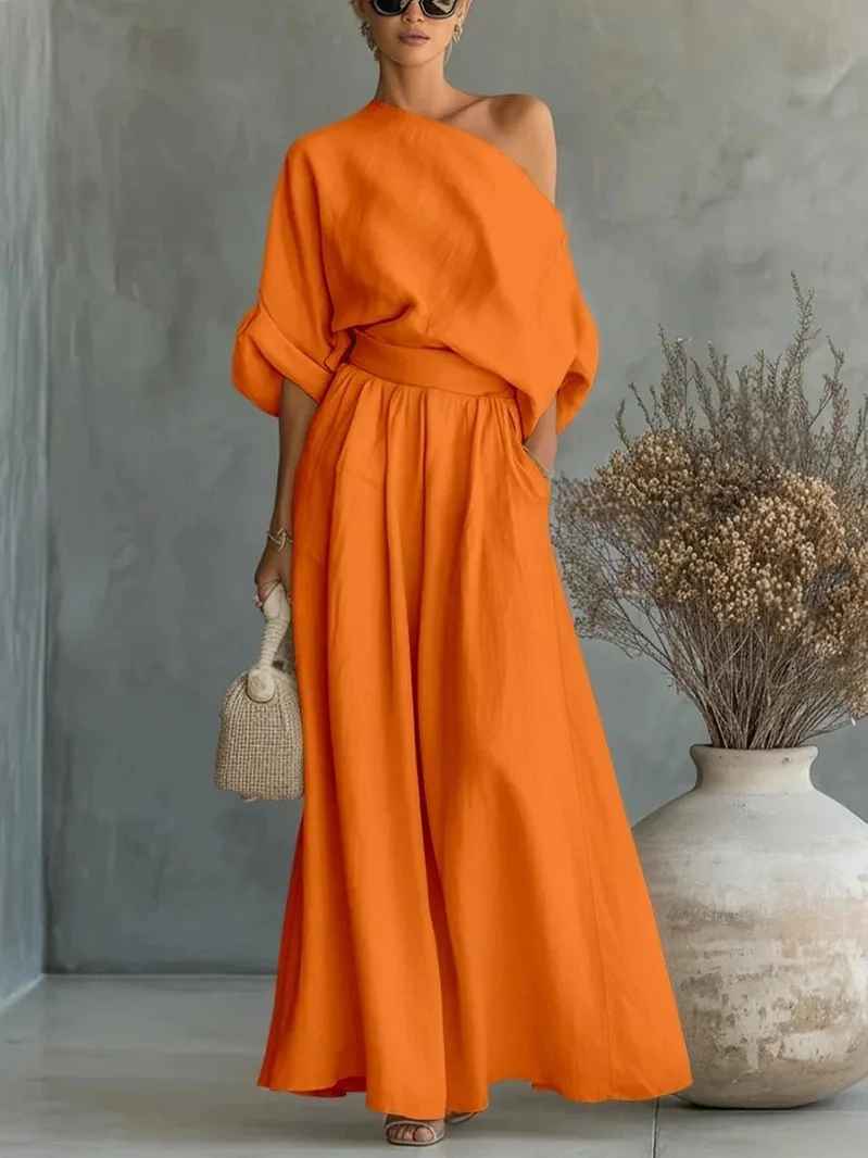 Lisa | Conjunto de Top Suave Off-Shoulder y Pantalones Tapered