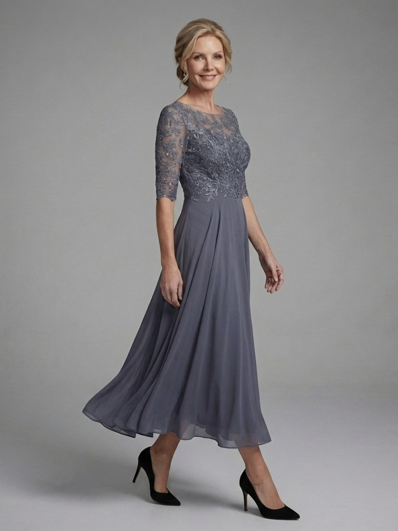 Olivina | Vestido Midi con Cuerpo de Encaje y Mangas Transparentes