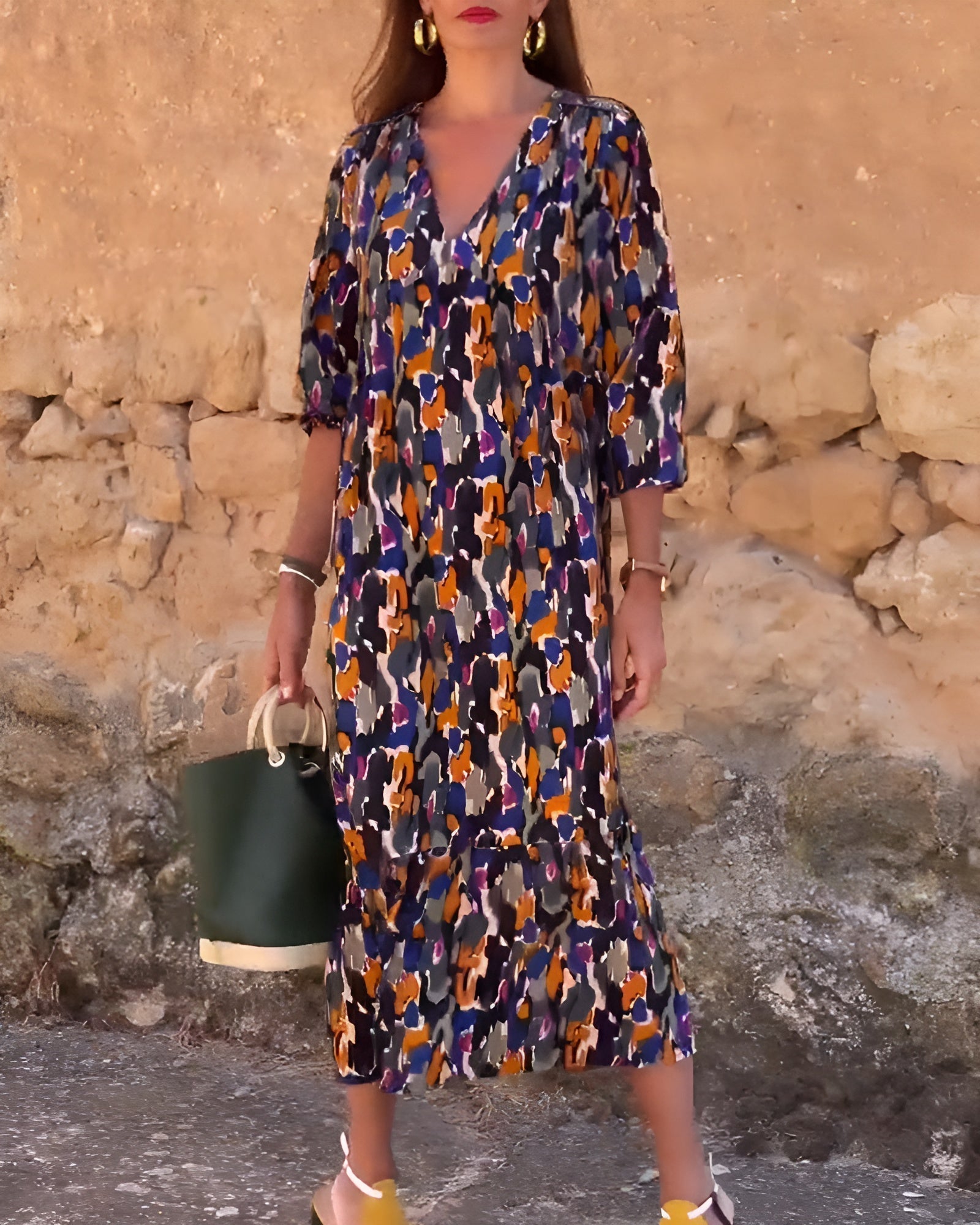 Nathalie | Vestido de V-Cuello con Estampado Vintage