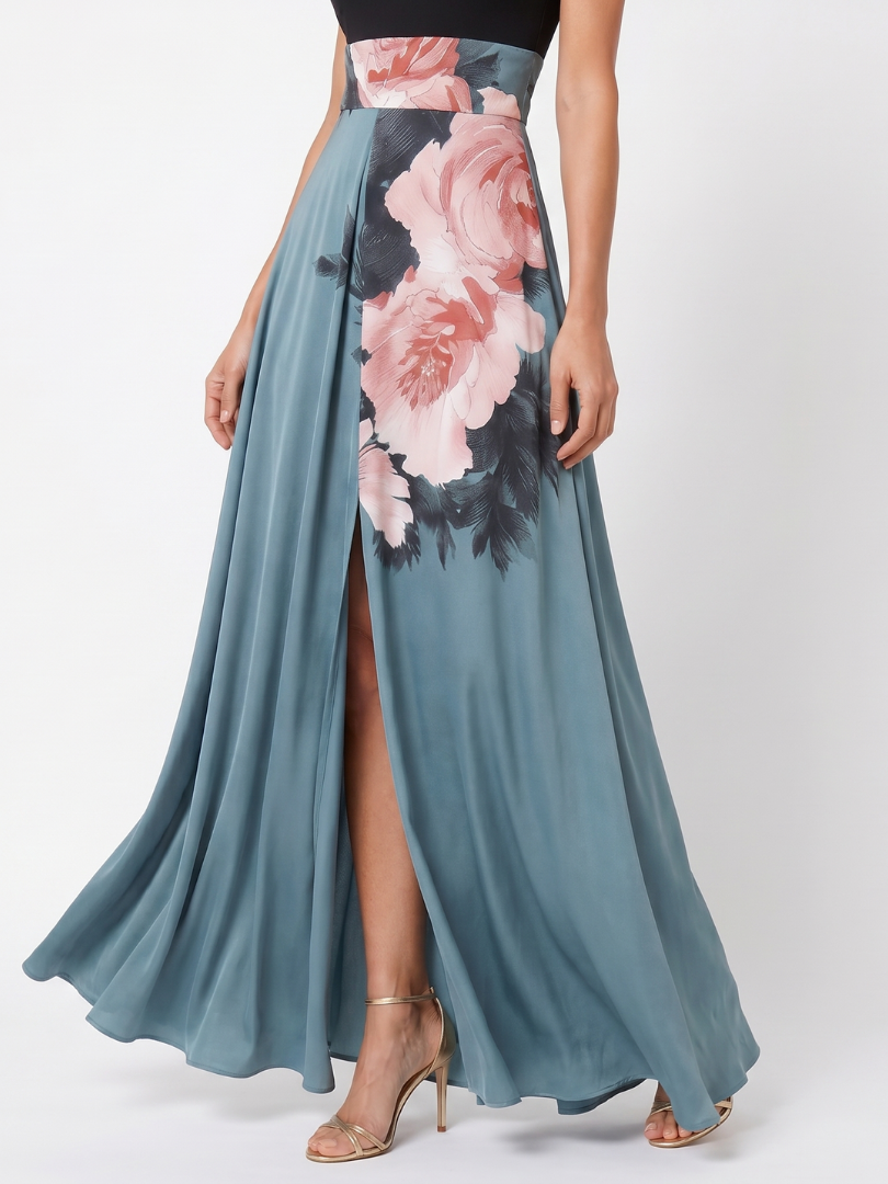 Olympas | Vestido Maxi con Cuerpo Halter y Falda de Flores