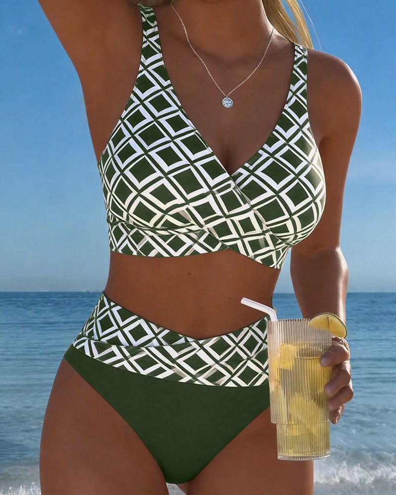 Bikini de Dos Piezas con Corte de Sujetador y Patrón de Diamantes