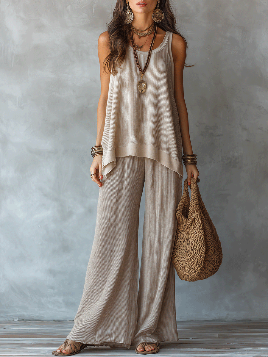 Conjunto de Top Sin Mangas Texturizado Boho y Pantalones Anchos