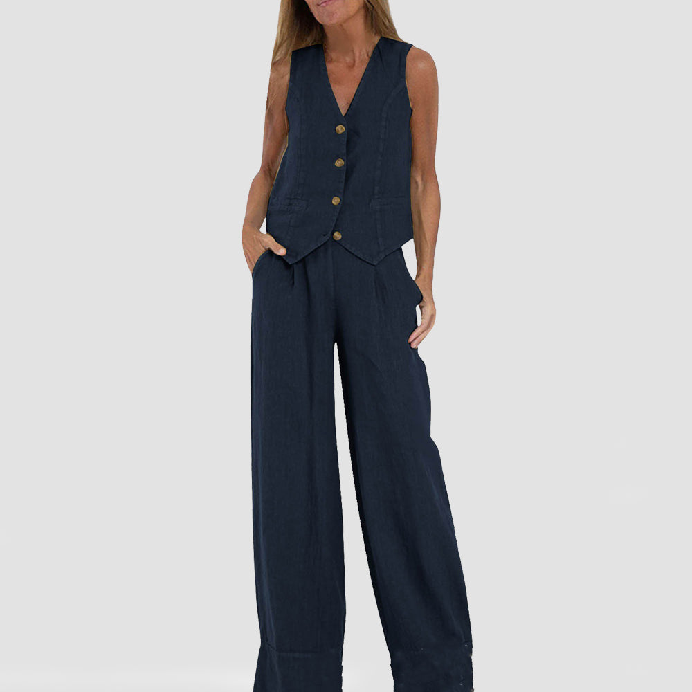 Top de verano sin mangas y pantalones rectos anchos