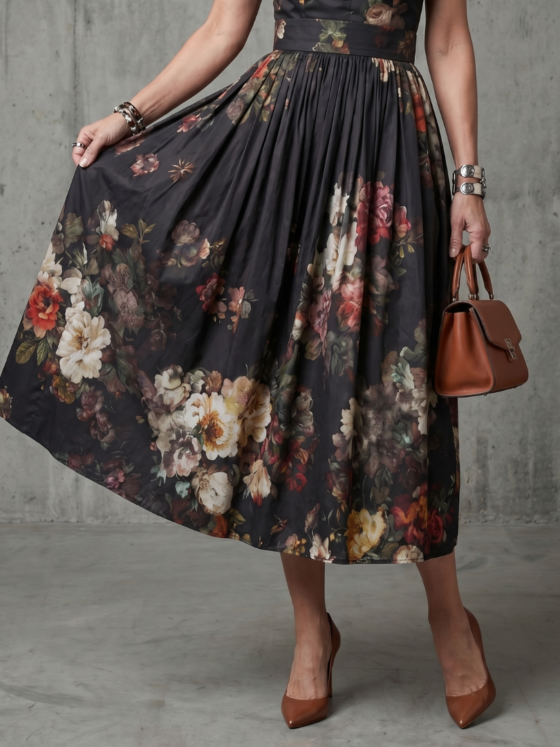 Greta | Vestido Midi Plisado de Flores con Cuello Alto