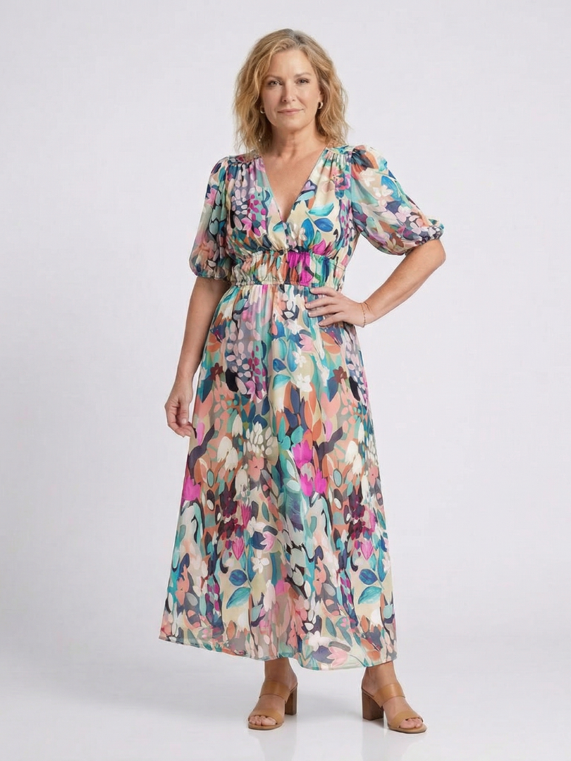 Eulalie | Vestido Midi de Manga Corta con Escote en V y Cintura Fruncida