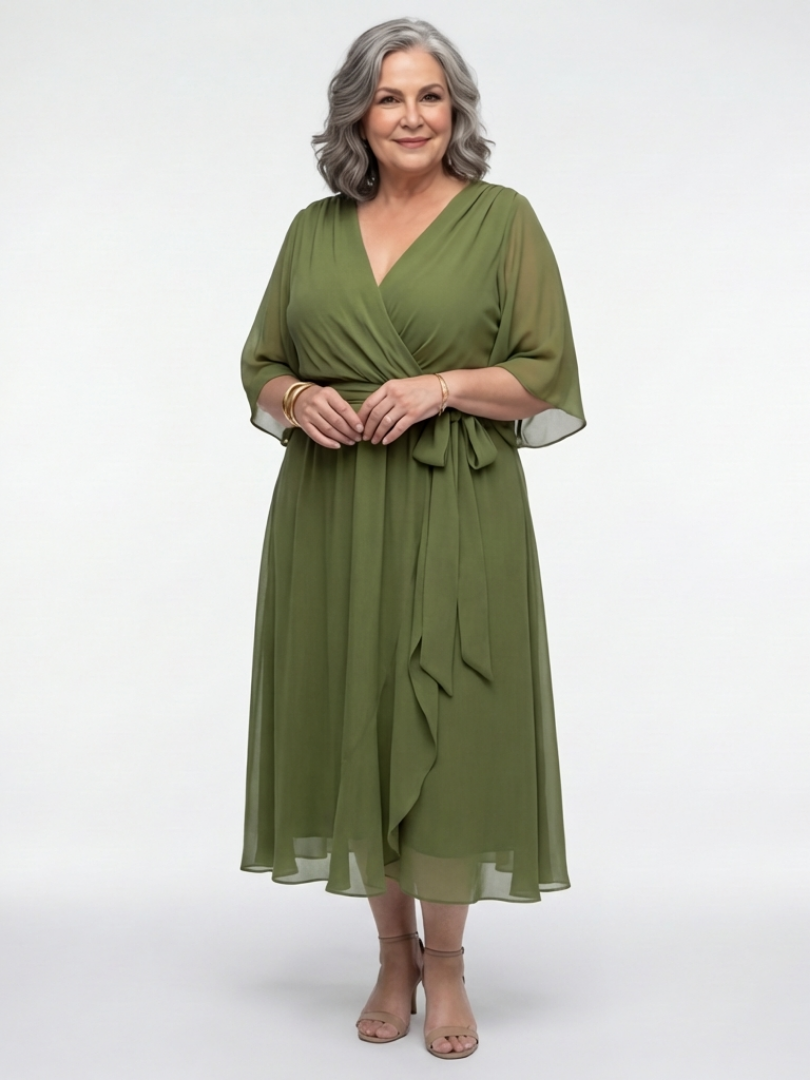 Elysia | Vestido Midi Drapé con Escote en V