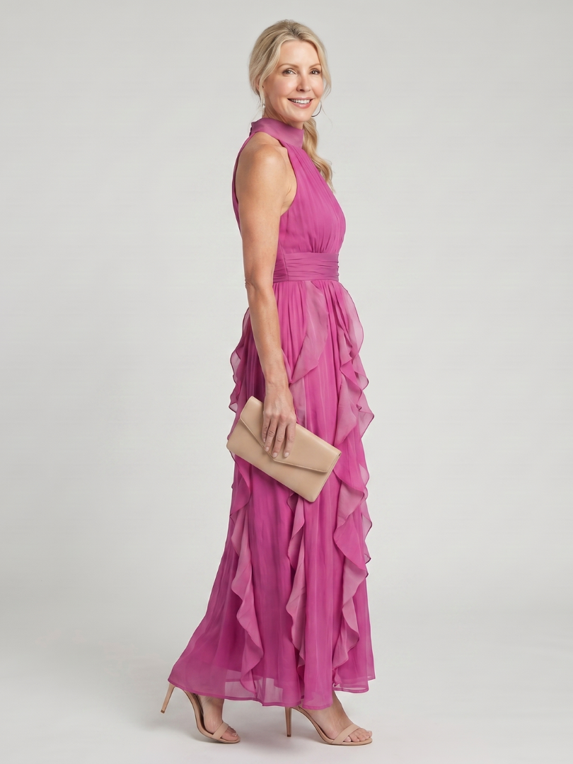 Orea | Maxi vestido con cuello alto y capas de volantes plisados