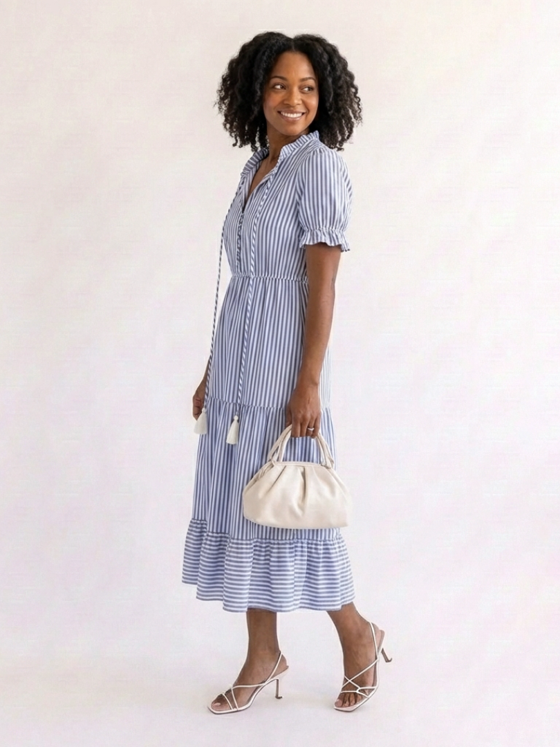 Dakota | Vestido Midi de Manga Corta a Rayas con Volantes