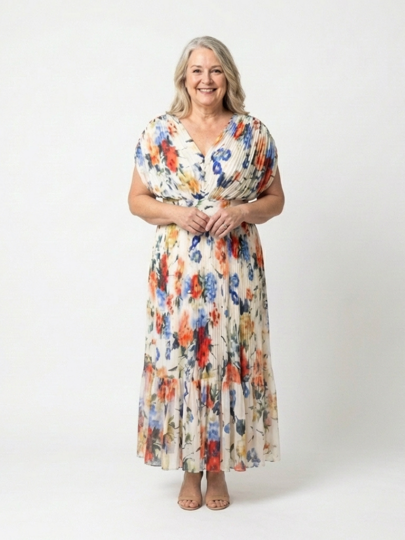 Savannah | Vestido midi floral con mangas cortas y plisados