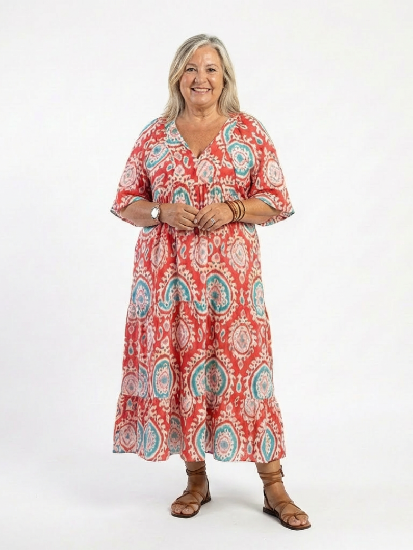 Zaria | Vestido midi de manga corta con escote en V y estampado de paisley