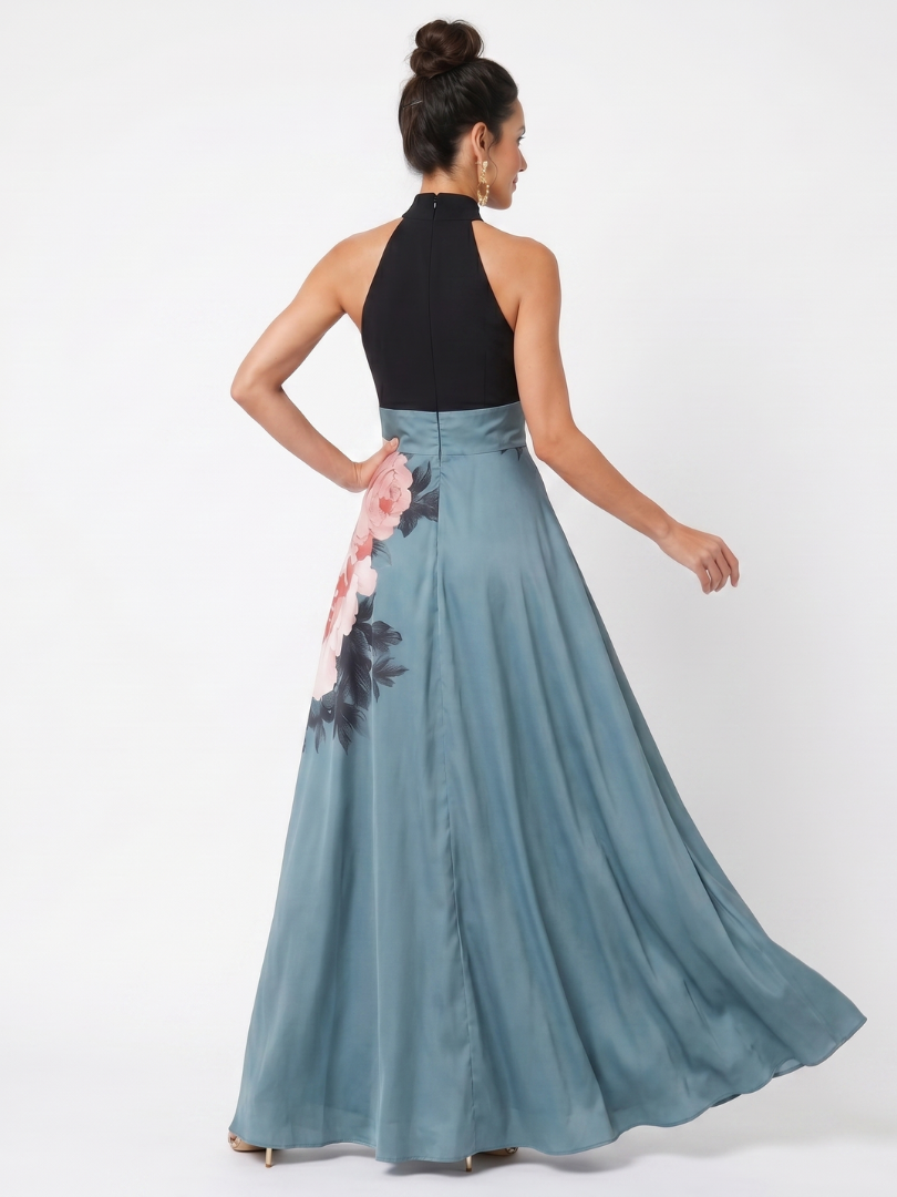 Olympas | Vestido Maxi con Cuerpo Halter y Falda de Flores