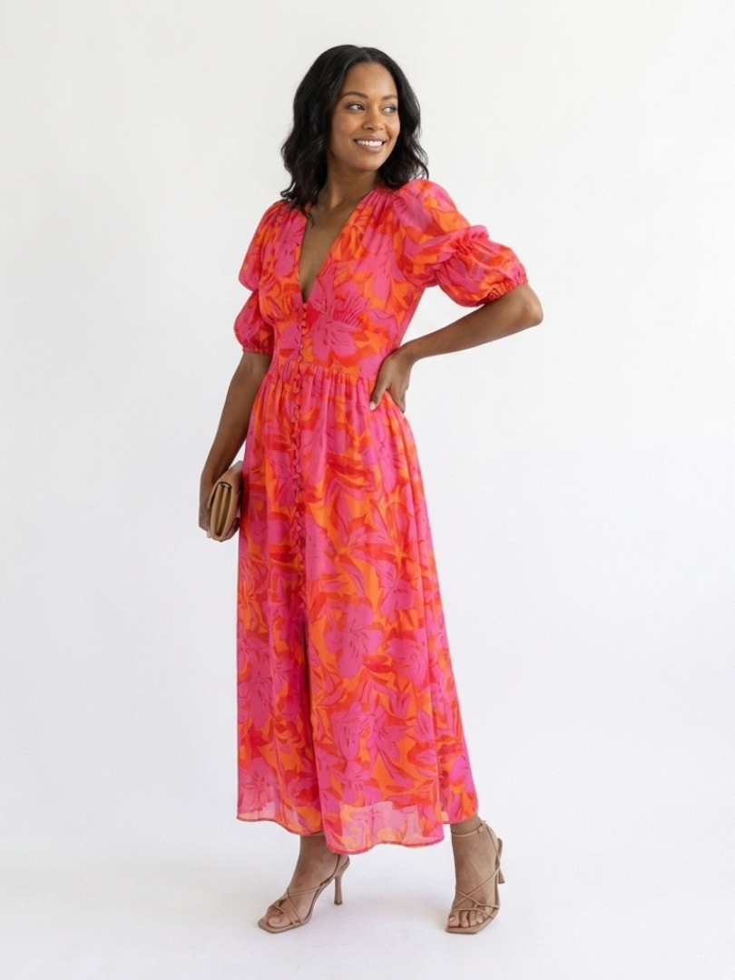 Sauce | Vestido Midi con Escote en V y Mangas Abullonadas