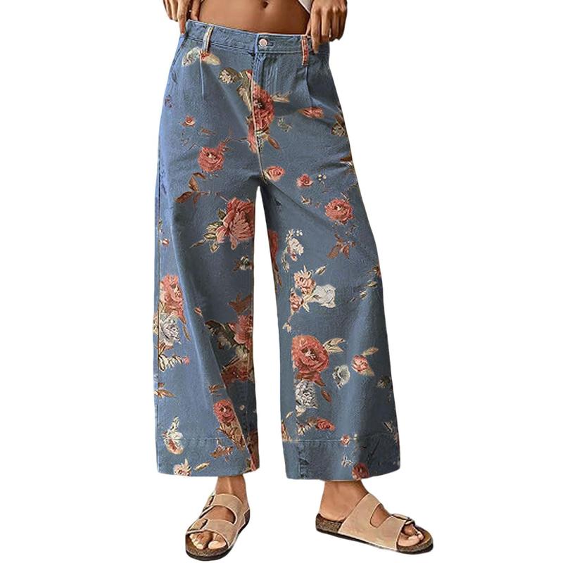 Pantalones Casual de Pierna Ancha Floral de Cintura Alta