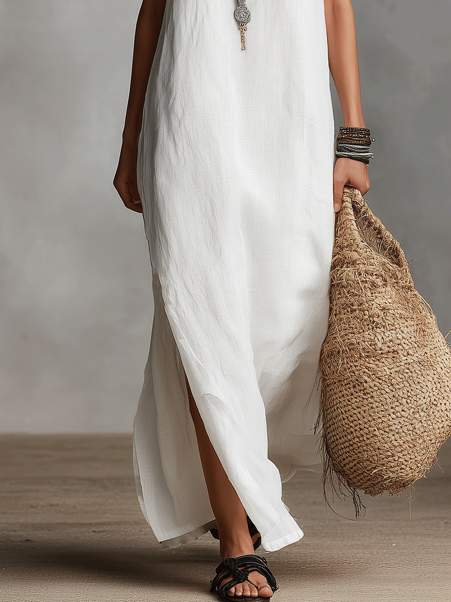 Vestido Maxi Sin Mangas Blanco Chic con Escote en V